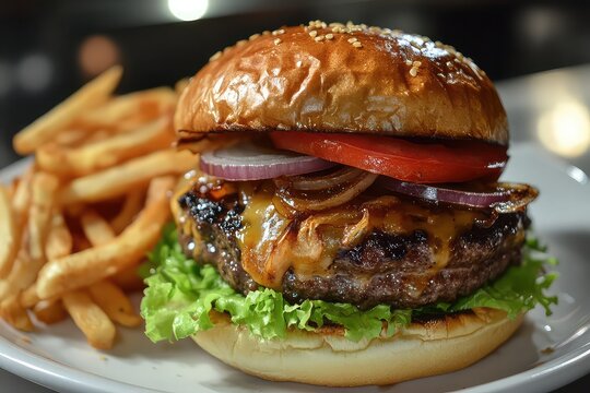 American burger with lettuce, tomato, onion and cheese