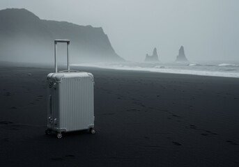 Silver suitcase on Reynisfjara black sand beach in Iceland travel photo