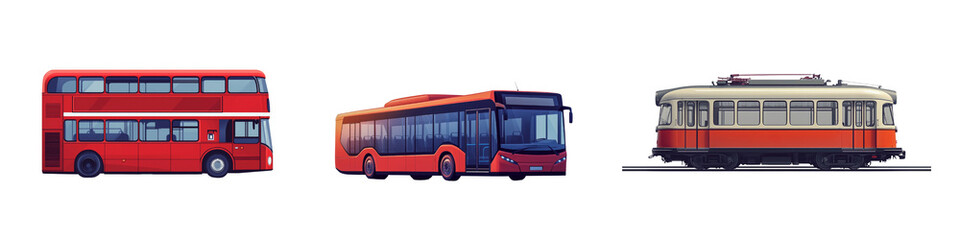 Collection of a red double decker bus, a modern city bus, and a vintage tram, isolated on a transparent background.