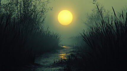 Misty River at Sunset, Reeds and Fog