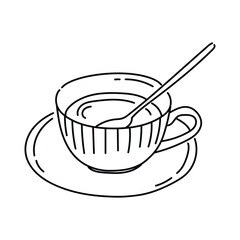 Outline cup for tea or coffee. Tableware for hot drinks. Cozy breakfast concept. For menu design, scrapbook, coloring book or decor element. Vector illustration of porcelain in doodle style.