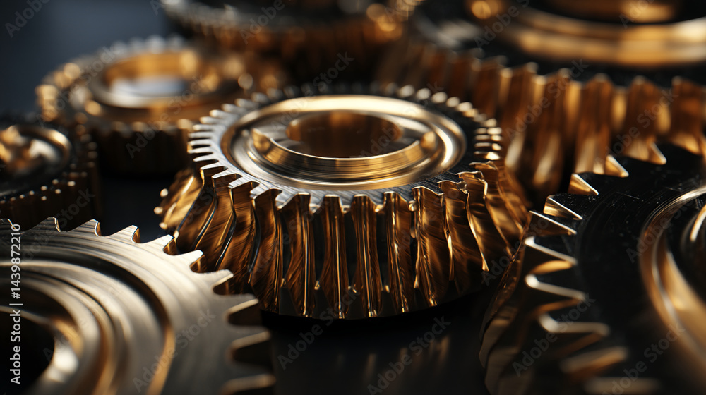 Poster Close-up of golden gears meshing, showcasing intricate detail and precision engineering, symbolizing teamwork, mechanics, and industry