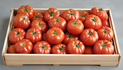 Many ripe red tomatoes in wooden crate on grey table, flat lay