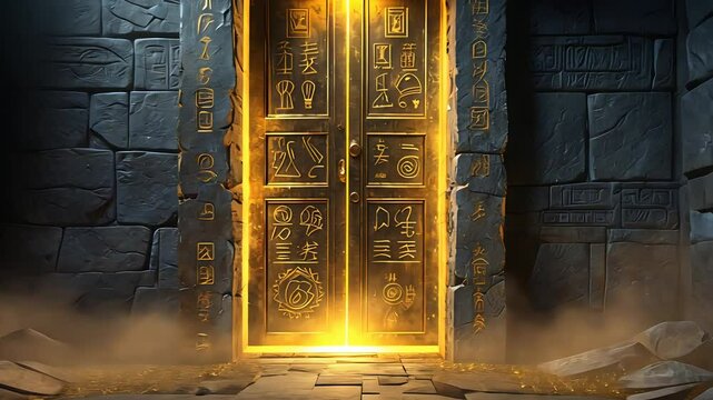 Ancient golden door glowing with mystical light, partially opened in a stone wall, surrounded by dust and mystery.

