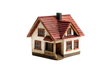 A small rustic white house with red roof and worn textures, evoking vintage charm and simplicity, isolated on a transparent background