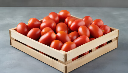 Many ripe red tomatoes in wooden crate on grey table, flat lay