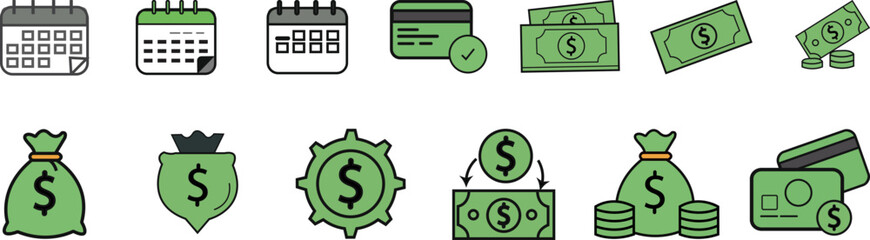 Money, Finance, Budget green cash icons set dollar bills coins savings bag banknotes wealth payment financial management economy illustration clipart printable design business accounting investment 