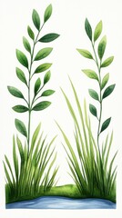 Obraz premium A delicate watercolor painting showcases a charming collection of small bushes and grasses near a tranquil forest stream, depicting lush greenery with vibrant green leaves and
