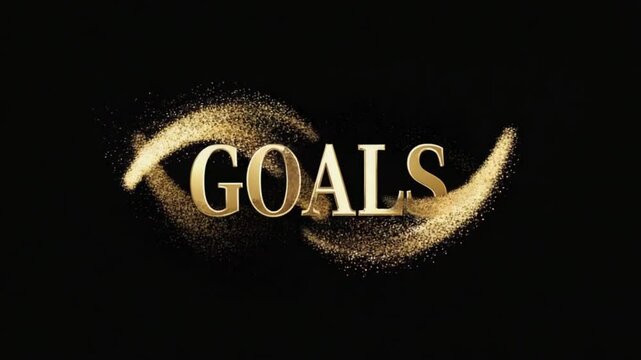 "Goals" text with gold effect animates. Perfect for business motivation, achievement videos, success themes. Golden goals animation.