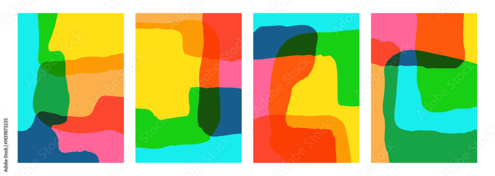 Poster Summer colors. Set of abstract backgrounds with various curved bright colored shapes for creative graphic design. Vector illustration.