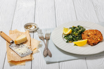 chicken patty with kale almond parmesan salad