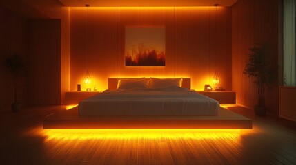 Warm-lit platform bed in minimalist wooden bedroom