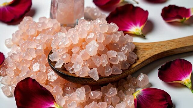 Pink Himalayan salt with rose petals in a wooden spoon  