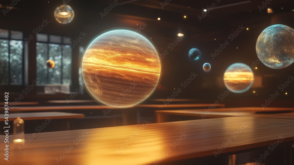 Poster floating planets in a classroom setting digital art cosmic environment unique perspective
