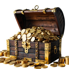 Antique Wooden Chest Overflowing with Gold Coins