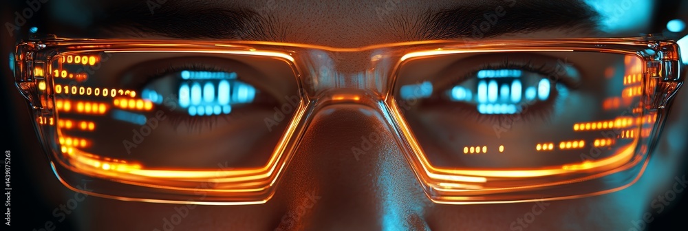 Poster close-up portrait of hacker with glowing glasses reflecting digital data in dark environment