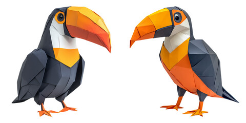 Naklejka premium Colorful origami toucans with bright beaks isolated on transparent PNG perfect for tropical wildlife scenes or creative branding