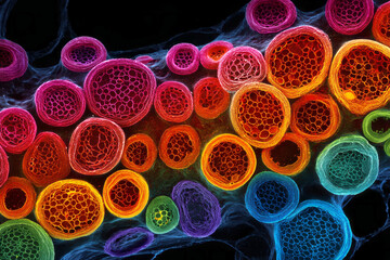 Extreme macro image of vibrant human cell structures captured under a confocal microscope, showing detailed, colorful biological patterns. AI generative.