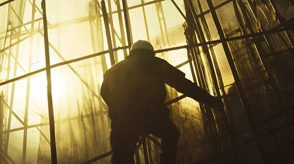 Fototapeta premium Construction Worker on Scaffolding at Sunset