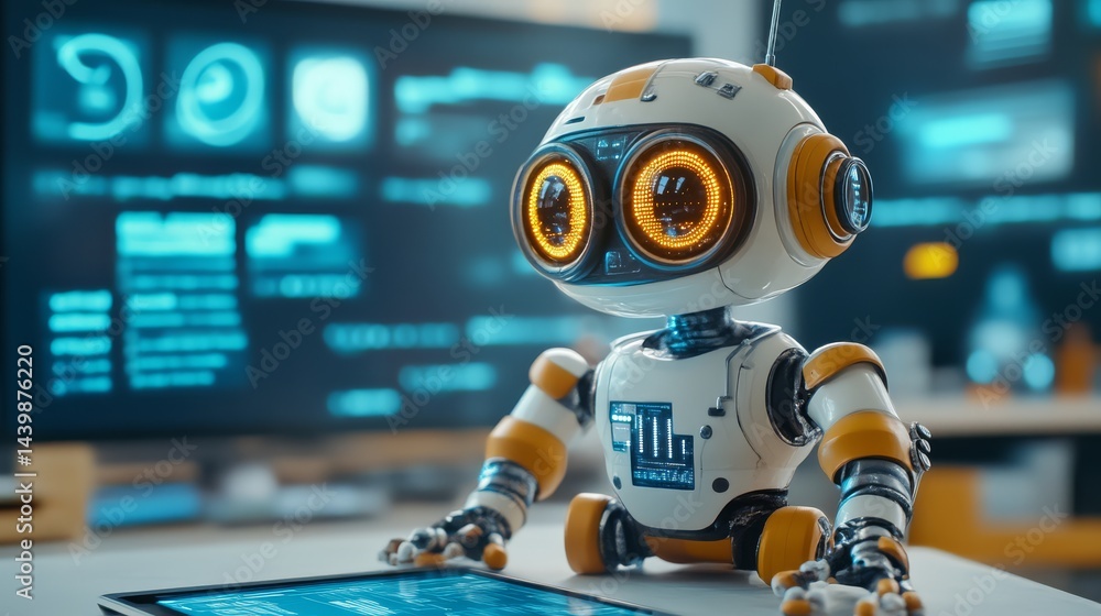 Poster innovative robot interaction tech lab digital art futuristic environment close-up ai development