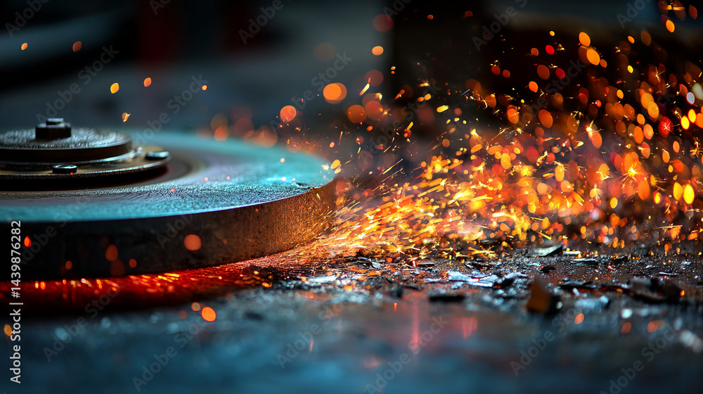 Poster Close-up of sparks flying from a grinding wheel, creating a fiery and dynamic image, showcasing energy, power, and industrial processes
