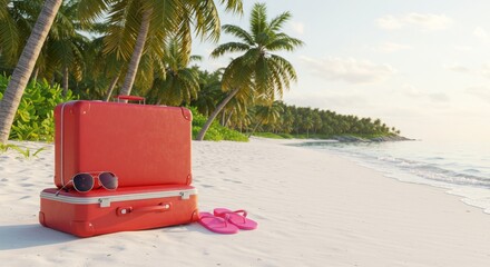 Tropical vacation with red suitcases and sunglasses on a white sand beach