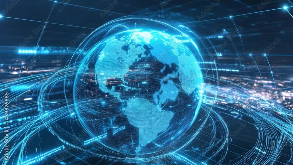 Poster visual representation of a hologram depicting earth in a futuristic laboratory setting