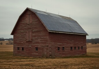 Weathered red barn featuring solar panels in rural farm landscape