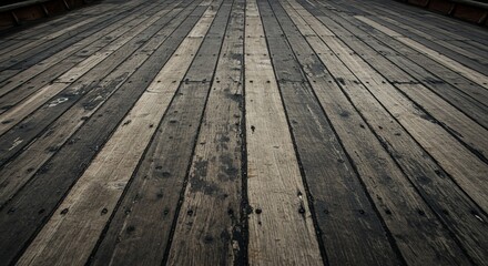 Weathered wooden deck planks create a rustic and textured surface