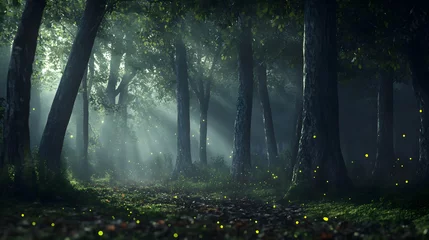 Fototapete Enchanted Forest at Night: Fireflies and Trees © smevg
