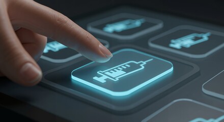 A close-up view of a human hand, belonging to an adult, interacting with a high-tech touchscreen interface displaying a glowing syringe icon, symbolizing healthcare and medical technology.