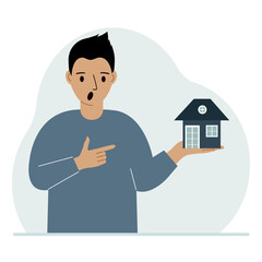 A man holds a small house in his palm. Concepts of inheritance, real estate transfer, mortgage, credit, loan or house purchase. Vector flat illustration