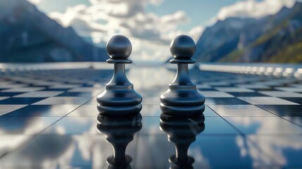 Two black chess pawns on a chessboard with a beautiful mountain landscape in the background. The pawns are in focus and the background is blurred.