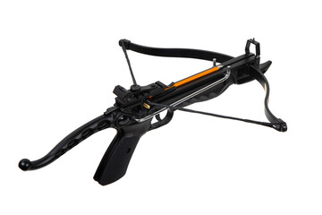 A compact black pistol crossbow with metal components and a ready-to-fire arrow, displayed on a...