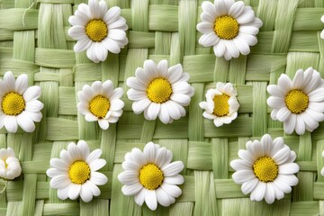 Obraz premium Delicate white daisies arranged on a light green woven surface.