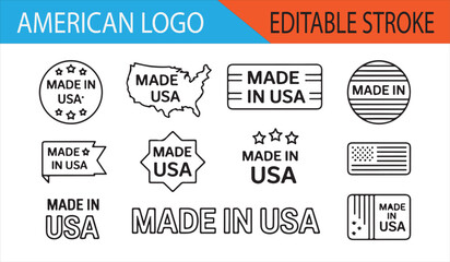 USA Logos with Patriotic Designs Featuring Editable Stroke and Star