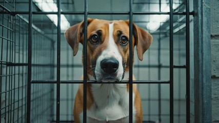 Close-up of dog in cage. Perfect for animal rescue videos, pet adoption campaigns, emotional animal portraits. Caged dog face.