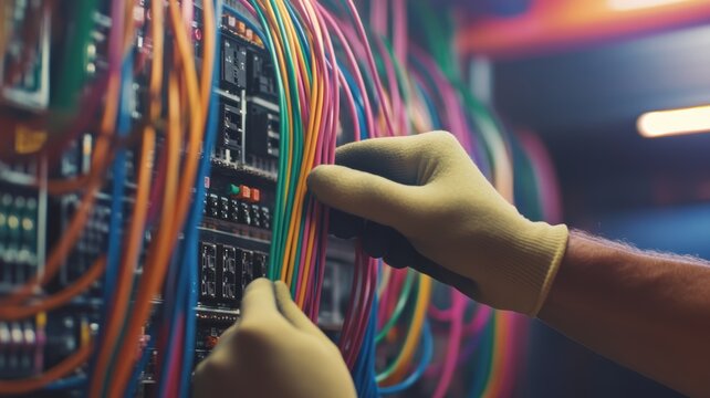 Skilled technician with gloves managing colorful network cables in a data center server room for efficient and secure connectivity. Adjustment electrical panel