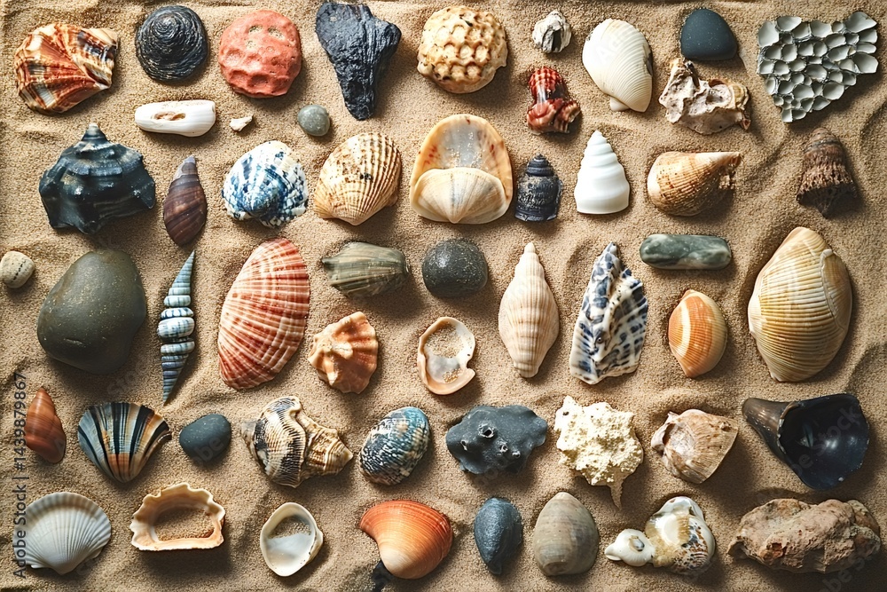 Poster different colorful seashells and pebbles creating a beautiful pattern on a smooth sand background, e