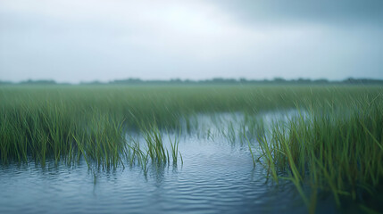 Obraz premium Rainy Day Landscape: Serene Green Field with Flooded Grass
