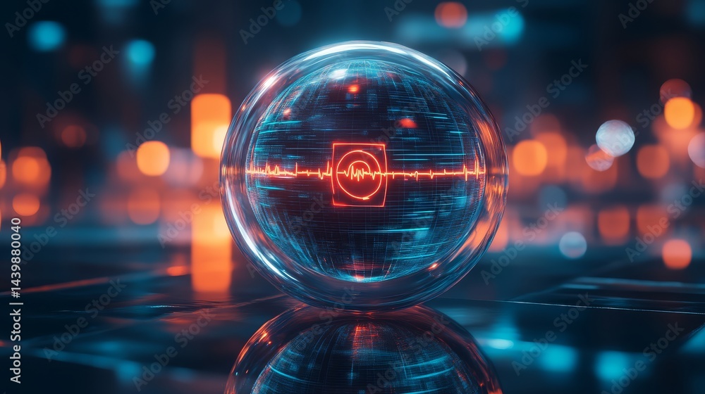 Poster 3d digital sphere exploring sound waves in a futuristic environment
