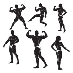Collection of Muscular Bodybuilder Silhouettes Posing in Various Athletic Stances
