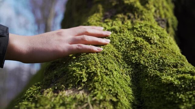 Close-Up: Hand Touching Soft Moss, Symbolizing Human-Nature Connection