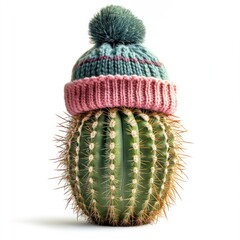 Cactus wearing knitted pom-pom hat standing tall on white background