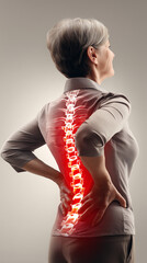 Elderly Woman with Spine Pain Highlighted in Red