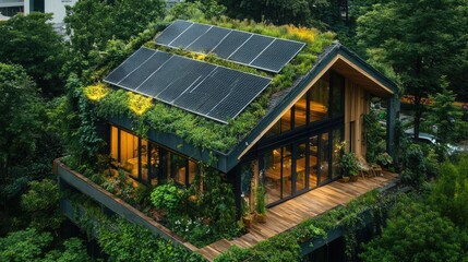 Eco-Friendly House with Green Roof and Solar Panels