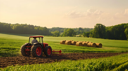 Obraz premium Serene Farmland Landscape: Tractor and Hay Bales at Golden Hour