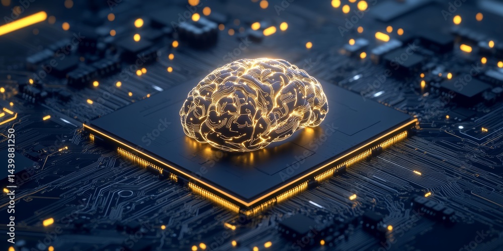 Poster a luminous ai brain chip illuminates a circuit board deep learning concept or big data analytics .