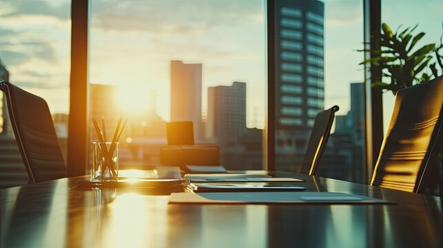 Illuminated conference room meeting, overlooking cityscape in golden sunrise