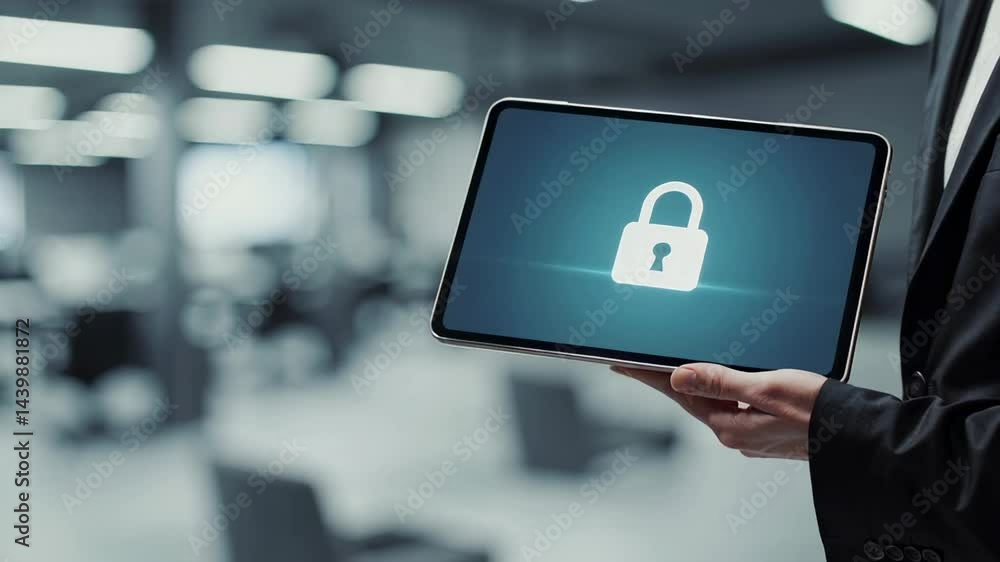 Poster businessman in a suit holds a tablet displaying a glowing lock icon, symbolizing data protection and